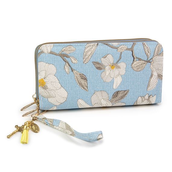 FLORAL WRISTLET WITH ST. BENEDICT CROSS & MIRACULOUS MEDAL CHARMS - BLUE FLORAL
